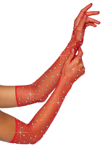 Red Rhinestone Fishnet Opera Length Gloves